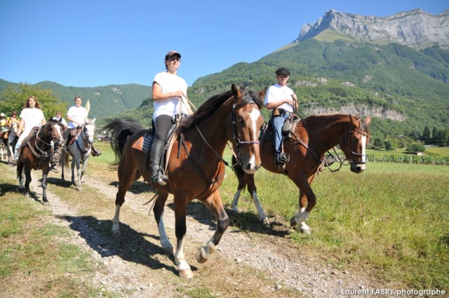 photographie des cavaliers parcourant le vignoble de Saint-Pierre d'Albigny sous la dent d'Arclusaz lors du rallye équestre