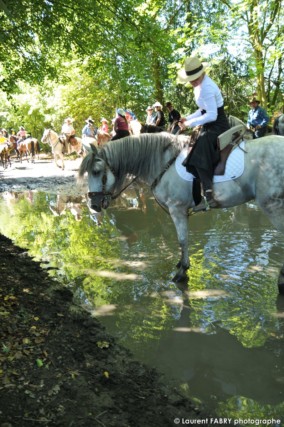 une cavalière laisse son cheval s'abreuver près du lac de Carouge après le défilé du rallye équestre photographié par un professionnel du tourisme équestre