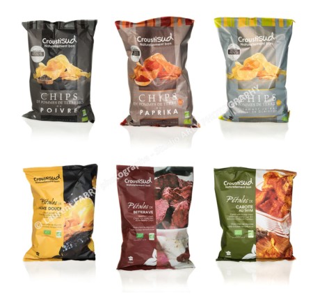 shooting photo produit de 6 sachets de chpis