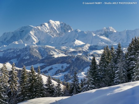 Paysage ensoleillé et enneigé du Mont Blanc