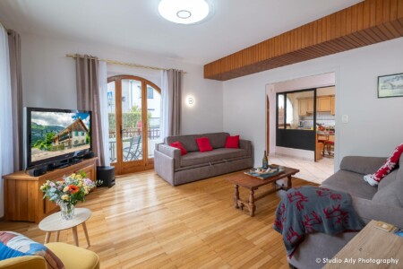 Photographe immobilier au lac d'Annecy : le grand salon et ses deux canapés convertibles