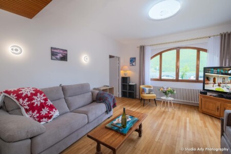 Photographe immobilier au lac d'Annecy : le grand salon et ses deux canapés convertibles